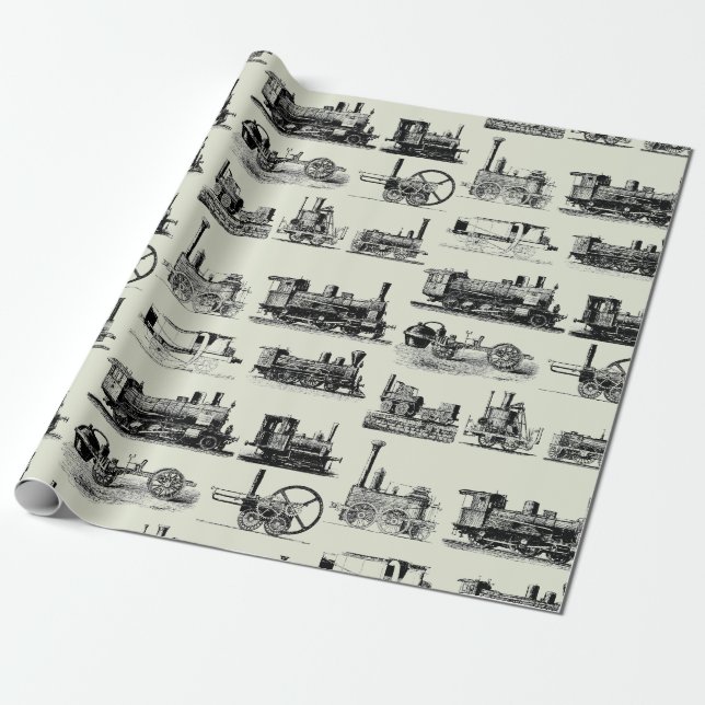 Steam Engine Locomotive "Steampunk" Pattern Wrapping Paper (Unrolled)