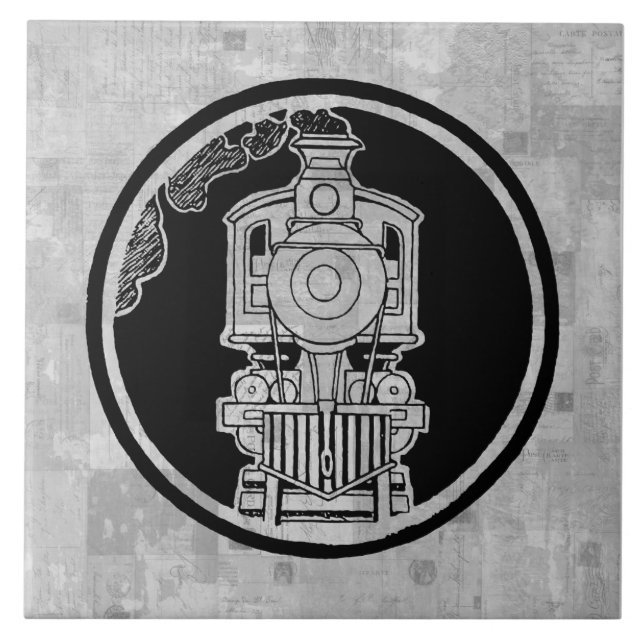 Steam Engine Locomotive Train Illustrated w Stamps Ceramic Tile (Front)