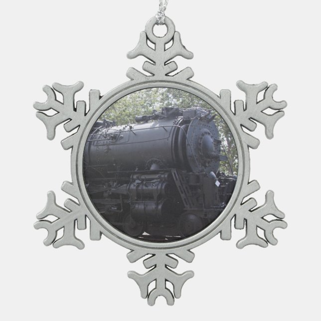 Steam Engine train Snowflake Pewter Christmas Ornament (Front)