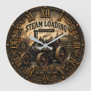Steam Engine Vintage Steampunk Tractor Large Clock