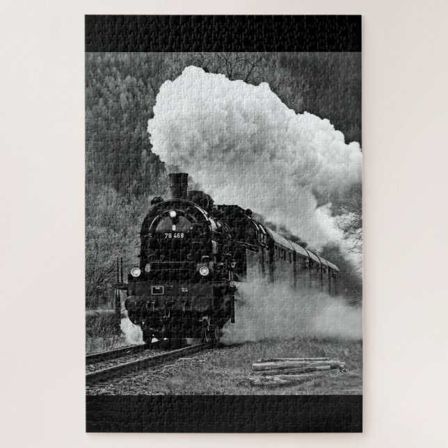 Steam locomotive black white train forest jigsaw puzzle (Vertical)