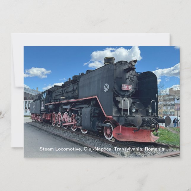 Steam Locomotive, Cluj-Napoca, Romania, on a Holiday Card (Front)