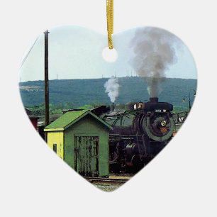 Steam Locomotive Coming into Train Yard Ceramic Ornament