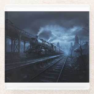 Steam Locomotive On A Dark Stormy Night Glass Coaster