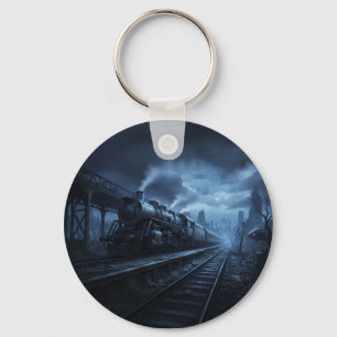 Steam Locomotive On A Dark Stormy Night Key Ring