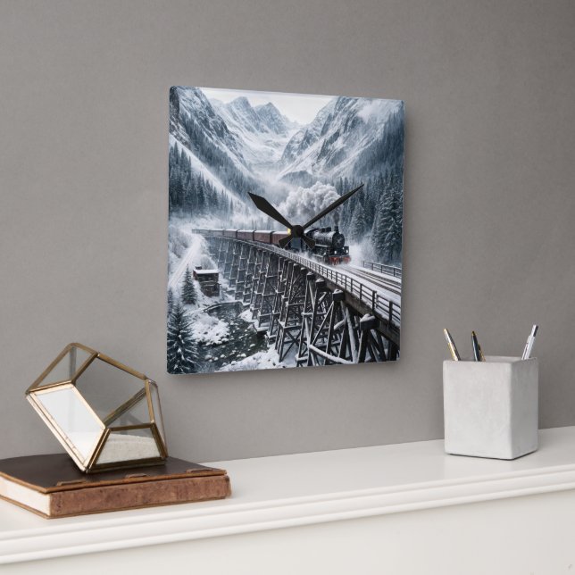 Steam Locomotive Train On a Mountain Trestle Square Wall Clock (Office)