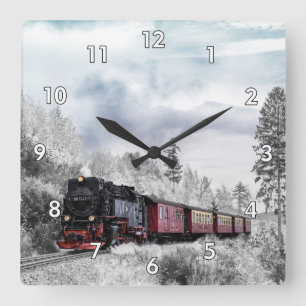 Steam Locomotive Train Travelling Through the Snow Square Wall Clock