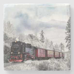 Steam Locomotive Train Travelling Through the Snow Stone Coaster