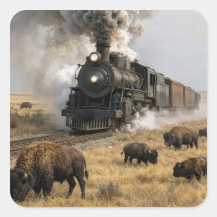 Steam Locomotive with Grazing Buffalo Square Sticker