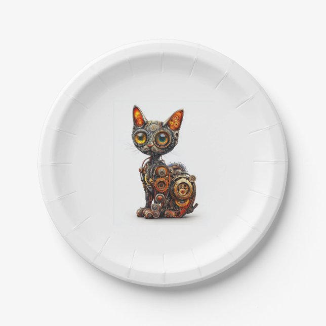 Steam Powered Purr � Steampunk Robot Cat Paper Plate (Front)