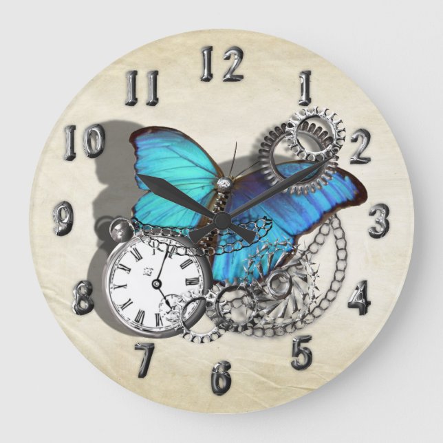 Steam Punk Blue Butterfly Pocket Watch Design Large Clock (Front)