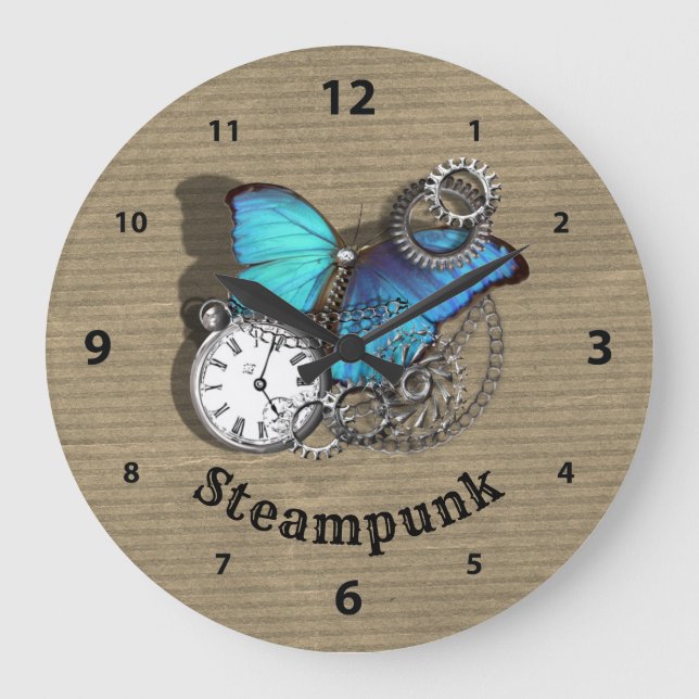 Steam Punk Blue Butterfly Pocket Watch Design Large Clock (Front)
