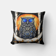 Steam Punk Blue Eyed Owl and Full Moon 