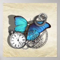 Steam Punk Butterfly Pocket Watch Silver Teal Blue