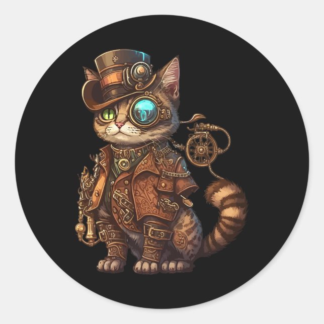 Steam Punk Cat Kitten Kitty Steampunk  Classic Round Sticker (Front)