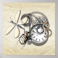 Steam Punk Dragonfly, Beetle. Pocket Watch Silver