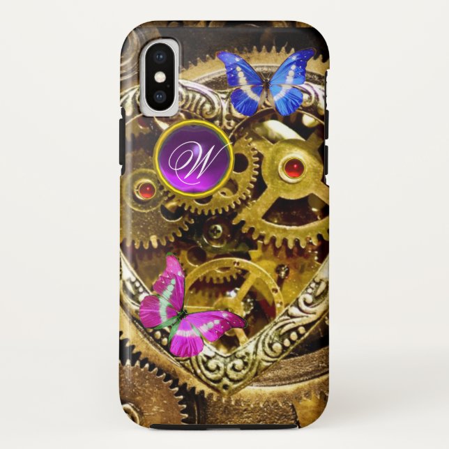 STEAM PUNK GEARS ,GEMSTONES, BUTTERFLIES MONOGRAM Case-Mate iPhone CASE (Back)