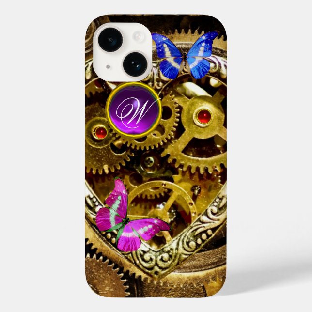 STEAM PUNK GEARS ,GEMSTONES, BUTTERFLIES MONOGRAM Case-Mate iPhone CASE (Back)
