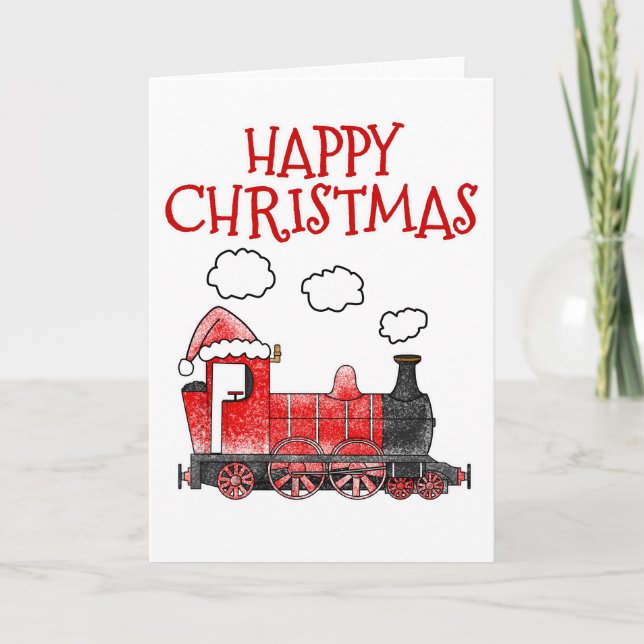 Steam Train Christmas Card Railroad Boy (Red) (Front)