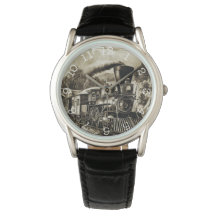 Steam Train- Crown Protector Black Leather Watch