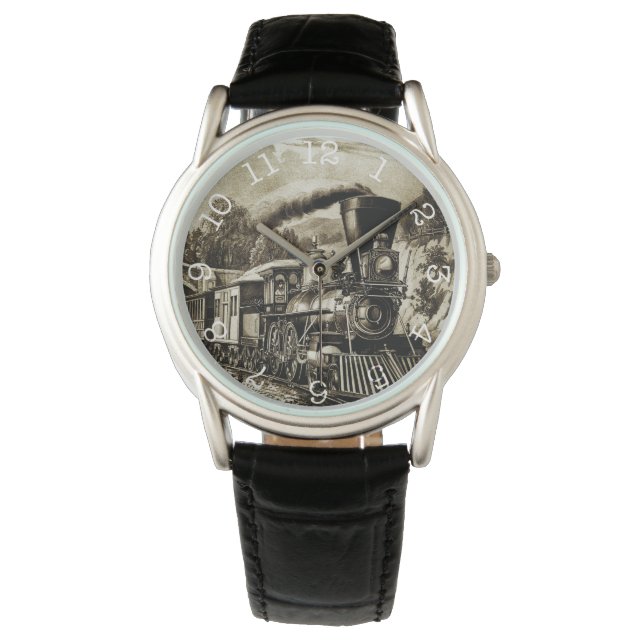 Steam Train- Crown Protector Black Leather Watch (Front)