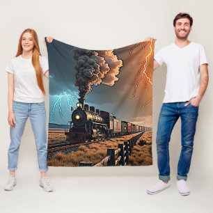 Steam Train Engine in a Storm Fleece Blanket
