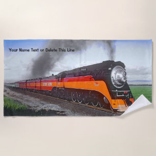 Steam Train Engine Locomotive SP4449 Black Orange Beach Towel