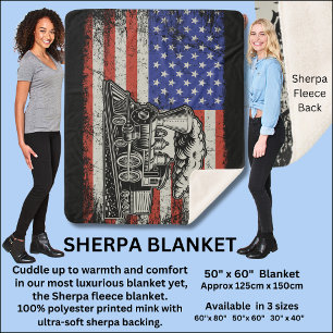 Steam Train Engine on American Flag Sherpa Blanket