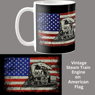 Steam Train Engine Railroad on USA American Flag Coffee Mug