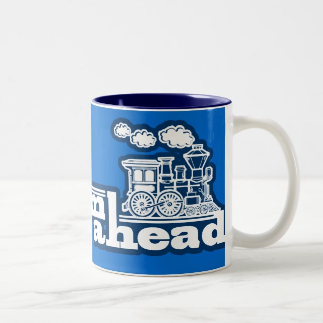 Steam train full steam ahead blue logo mug (Right)