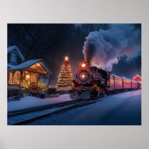 Steam train going through a Christmas town Poster