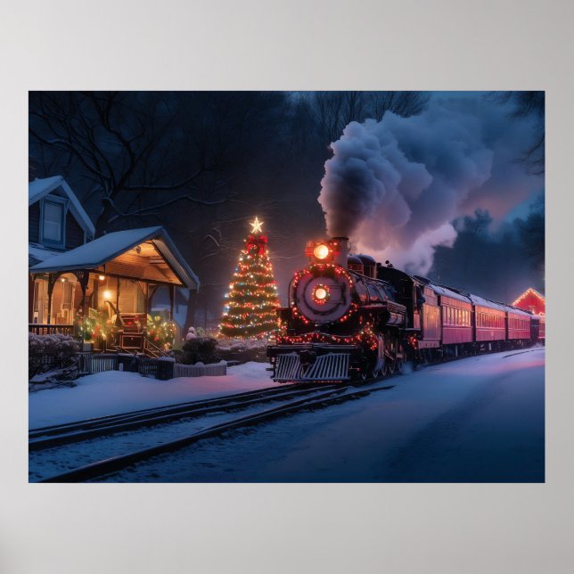 Steam train going through a Christmas town Poster (Front)