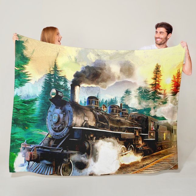 Steam Train in Forest Engine Steam Locomotive   Fleece Blanket (In Situ)