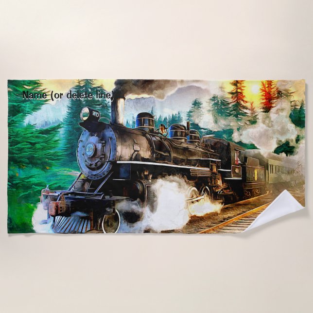 Steam Train in Forest Engine Steam Locomotive Name Beach Towel (Front)