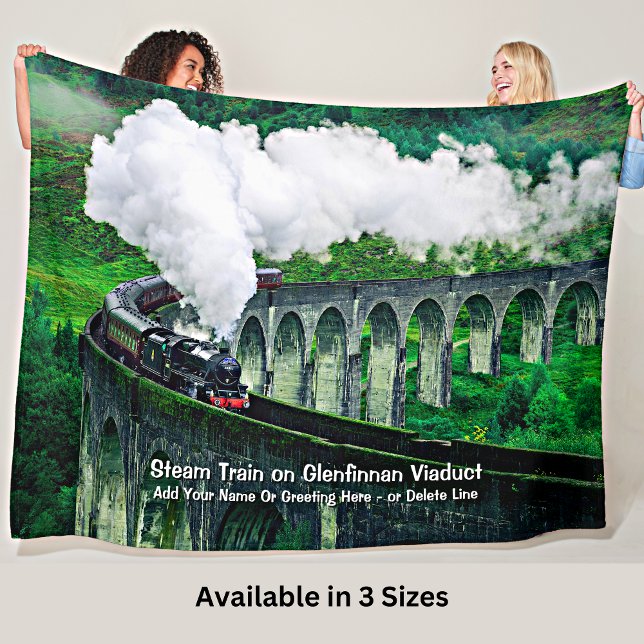 Steam Train in Glenfinnan Viaduct - Add Name Text Fleece Blanket (Creator Uploaded)