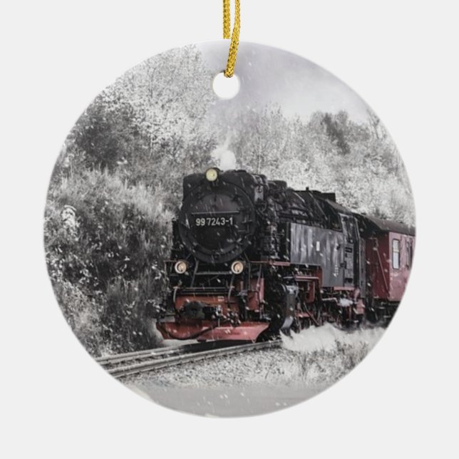 Steam Train in Snow Ceramic Ornament (Front)