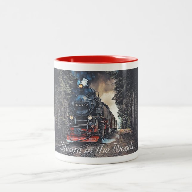 Steam Train In The Woods painting  Two-Tone Coffee Mug (Center)