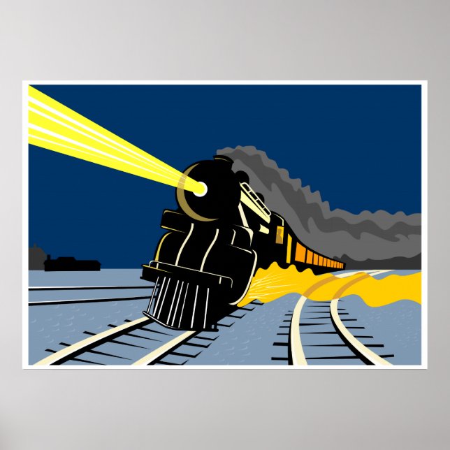 steam train locomotive travelling at night lights poster (Front)