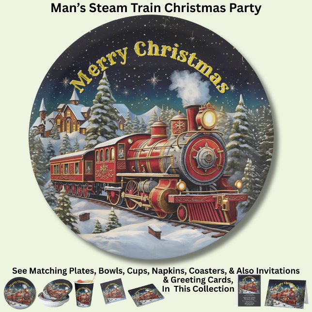 Steam Train Man's Christmas Party Paper Plate (Creator Uploaded)