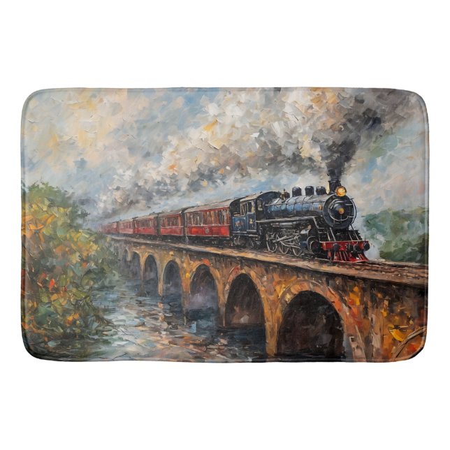 Steam Train on a Bridge - Oil Painting Bath Mat (Front)