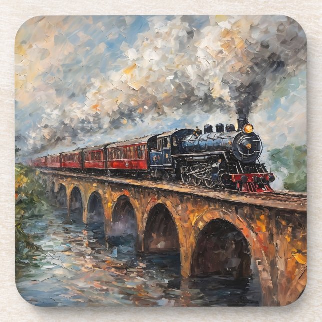 Steam Train on a Bridge - Oil Painting Coaster (Front)