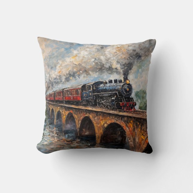 Steam Train on a Bridge - Oil Painting Cushion (Front)