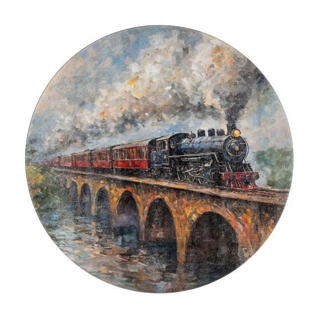 Steam Train on a Bridge - Oil Painting Cutting Board (Front)
