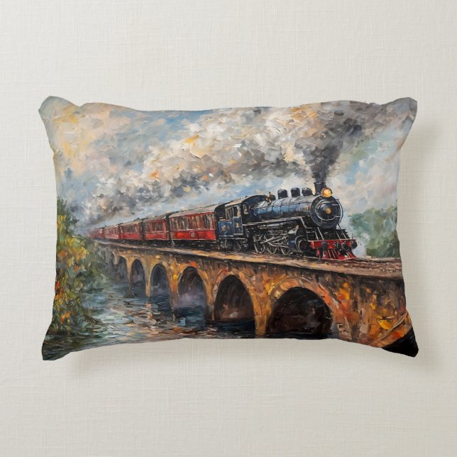 Steam Train on a Bridge - Oil Painting Decorative Cushion (Front)
