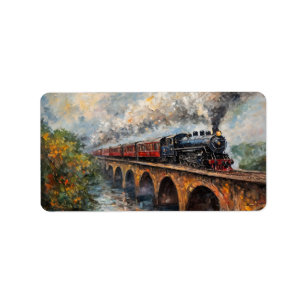 Steam Train on a Bridge - Oil Painting Label