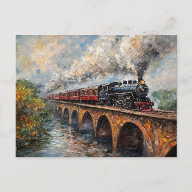 Steam Train on a Bridge - Oil Painting Postcard (Front)