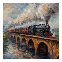 Steam Train on a Bridge - Oil Painting