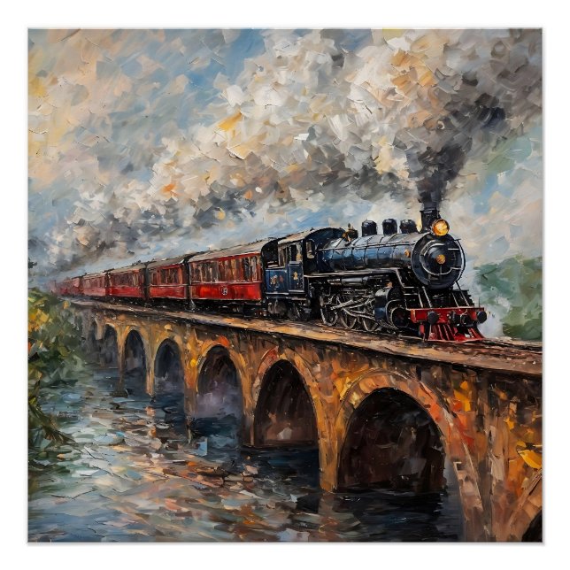 Steam Train on a Bridge - Oil Painting Poster (Front)