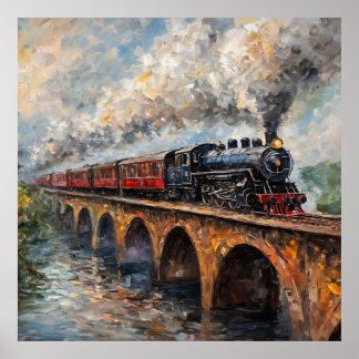 Steam Train on a Bridge - Oil Painting Poster