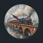 Steam Train on a Bridge - Oil Painting Round Clock<br><div class="desc">Artwork by Brady Arnold</div>